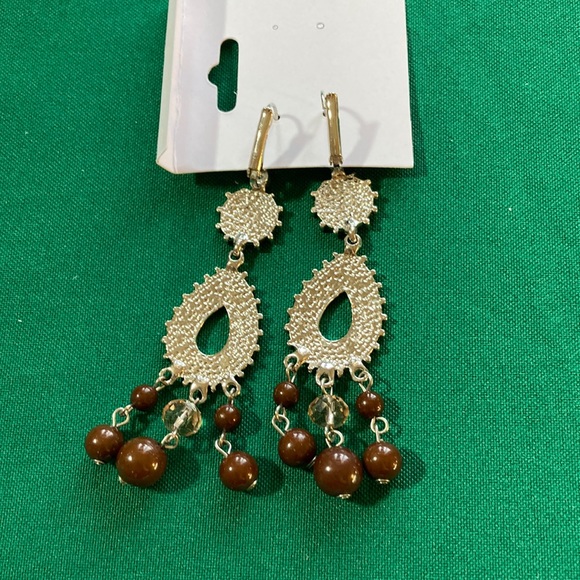 Brown Beaded Silver Tone Hanging Earrings - Picture 2 of 5